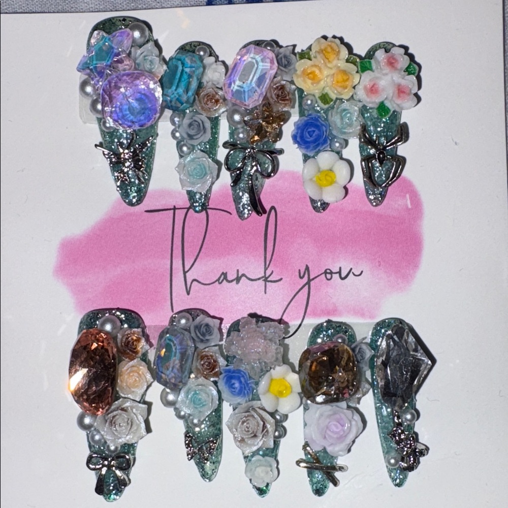 Handmade Floral Crystal Accent Nail Tips - Green